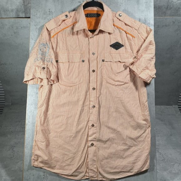 COOGI Mens Short Sleeve Button Up Shirt Orange Check Embroidered‎ Emblem Size M - Picture 1 of 10
